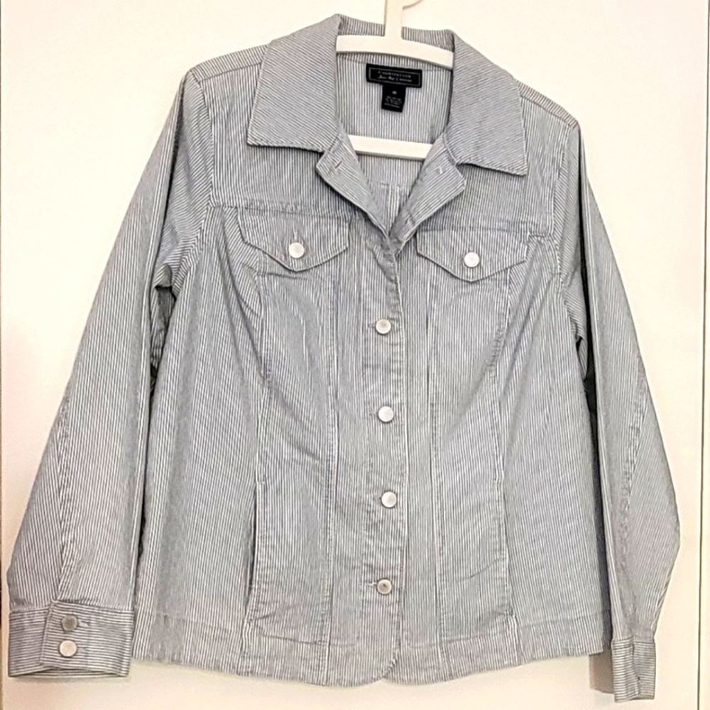 Macy's Charter Club blue/white pinstripe jean jacket, size 0X, new with tag.